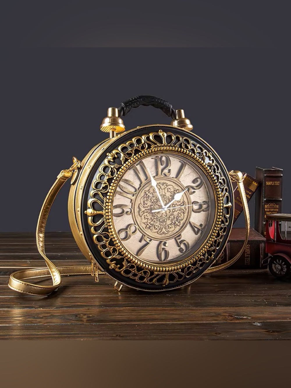 Vintage-Inspired Black & Gold Round Crossbody Bag